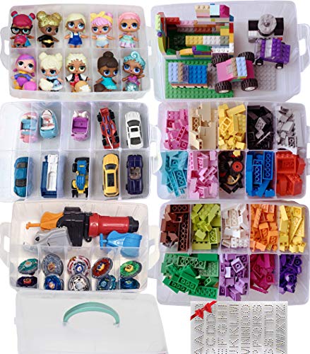 HOME4 BPA Free Clear Glitter 60 Adjustable Compartments 6 Layers Stackable Storage, Organizer Case Compatible with Small Dolls Lego Dimension LOL Shopkins Hot Wheels Beyblade Toys Not Included