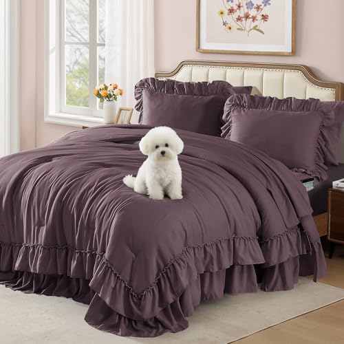 AMBERSPACE Queen Comforter Set Dark Purple Ruffle Shabby Chic Bedding Set Farmhouse 7 Pieces All Season Fluffy Bed in a Bag with Sheets Pillowcases & Shams