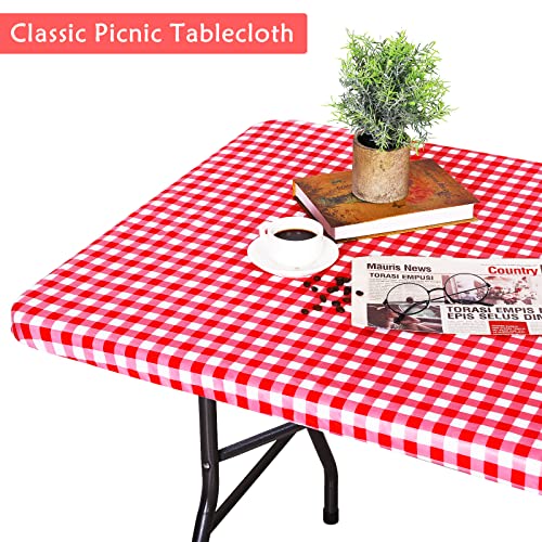 Turstin 3 Pieces 72 Inch Vinyl Picnic Table And Bench Fitted Tablecloth Cover Elastic Plastic Tablecloth Waterproof Checkered Table Cover For Picnic Indoor Outdoor Dining, Red And White #TOP4