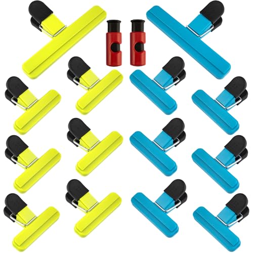 Food Bag Clips - 16 Pcs, 3 Assorted Sizes | Small, Large & Bread Bag Clips for Fresh Food Storage, Freezer Bags or Sandwich Bag Sealer | BPA Free Plastic Kitchen Clips with Storage Holder Included