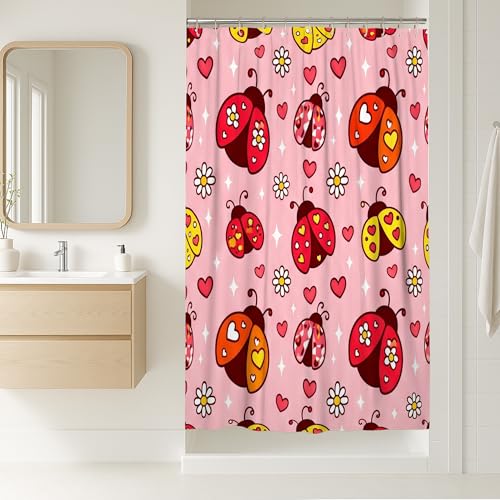 Marienkäfer-Duschvorhang, verspieltes fantasievolles Herz, Chrysantheme, Frühling, Pfirsich, Polyester, wasserdicht, Badewannentuch, Gardinen für Toilette, Badezimmer, Wohnheim, 91,4 x 183,9 cm
