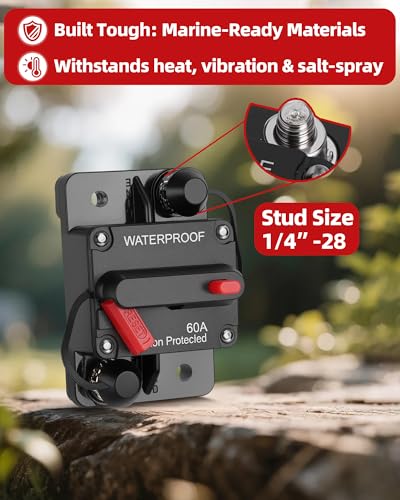 Voltrish 60 Amp Marine Circuit Breaker Switch for Trolling Motor Battery Box, Premium 12V - 48V 60A DC Breaker for Boat Motor, RV, Solar Panel & Car Audio, One-Click Reset, No Fuse Needed