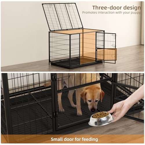 VOWNER Hundekäfig Hochbelastbar, 3 Türen Hundebox, 104 x 68 x 73 cm, für mittelgroße und große Hunde, 2 abnehmbare Türen mit Herausnehmbares Bodenschale, XL Gitterbox für Zuhause, Schwarz