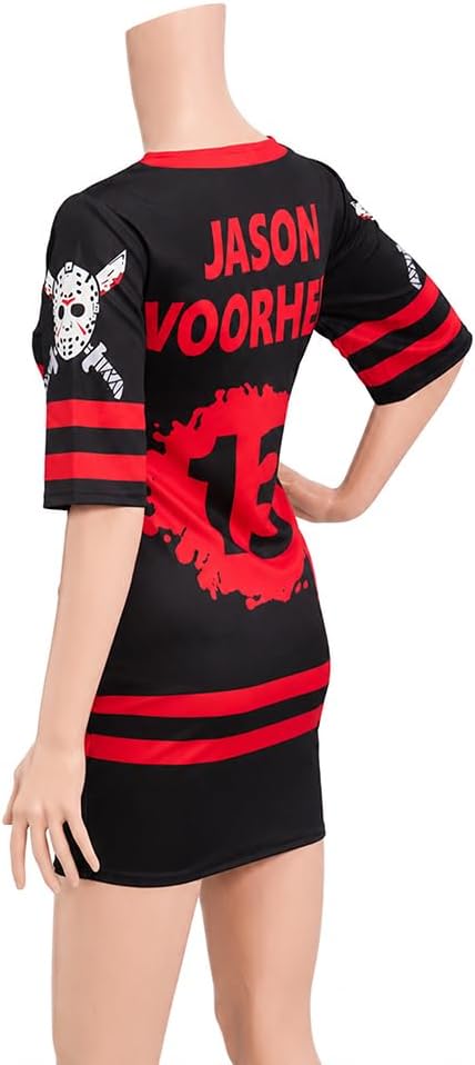 RocailleCos Sexy Miss Voorhees Cosplay Costume Adult Black Red Striped Hockey Jersey Mini Dress Halloween Outfit