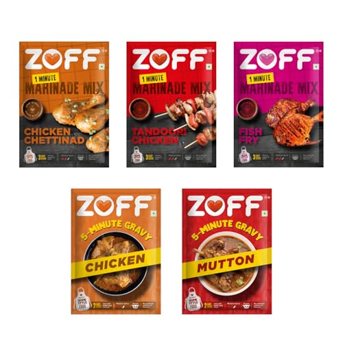 Image of ZOFF Non-Veg Gravy & Marinade Combo - Chettinad, Tandoori Chicken, Fish Fry (25g each), Chicken & Mutton Gravy (90g each) - 255g | Ready-to-Cook Indian Meal Kit