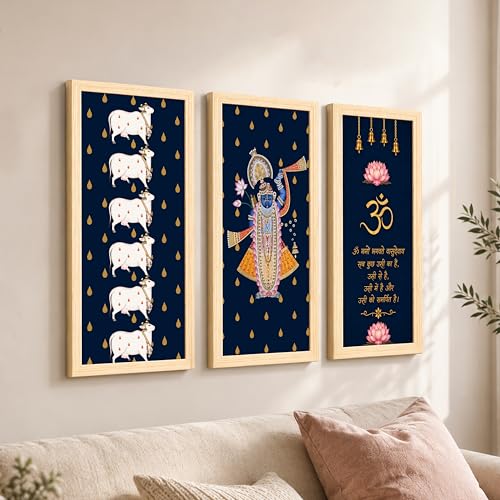 Image of Pichwai Wall Art Painting With Mantra Set of 3 Framed Posters For Living Room, Vastu Wall Art Home Decor for Livingroom, Bedroom, Hallways, Office, Hotel (Size-24x48 cm)