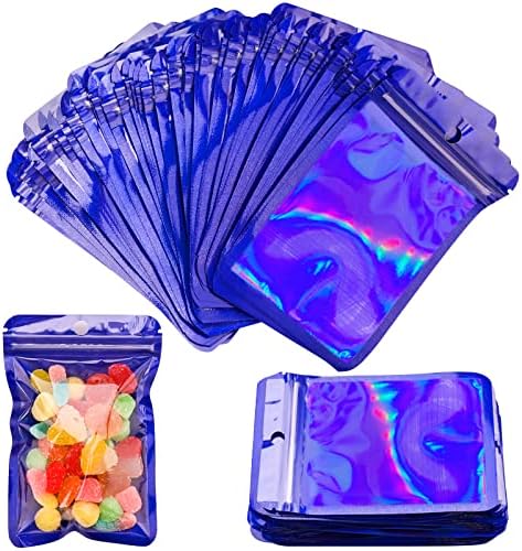 Mylar Foil Ziplock Bags,100Pcs Resealable Smell Proof Food Storage Bags Holographic Packaging Bags Clear Flat Foil Pouch for Home Coffee Beans Outdoor Cookies Jewelry (8.5*13cm, Pink)