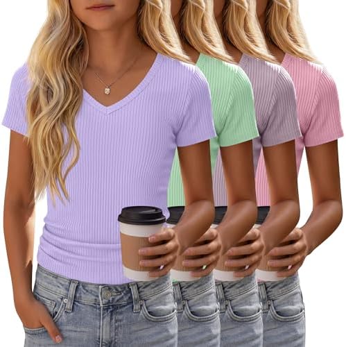 YooAurvox 4 Pack Girls Shirts Ribbed Tops, 4-Color, 5-6 Years