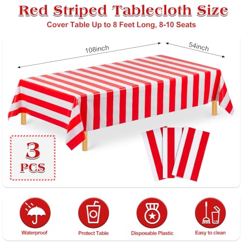 Image of NatNarr 3 Pack Red Striped Tablecloths, 54 x 108Inch Red and White Striped Tablecloth Carnival Circus Table Cloth, Disposable Waterproof Table Cover for Movie Night Birthday Picnic Holiday
