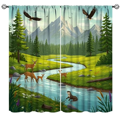JanJCurt Woodland Deer Curtains, Spring Nature Mountain River Scene Green Forest Animals Plants Print Blackout Window Drapes for Kids Bedroom Livingroom Bathroom, 63" W X 63" L