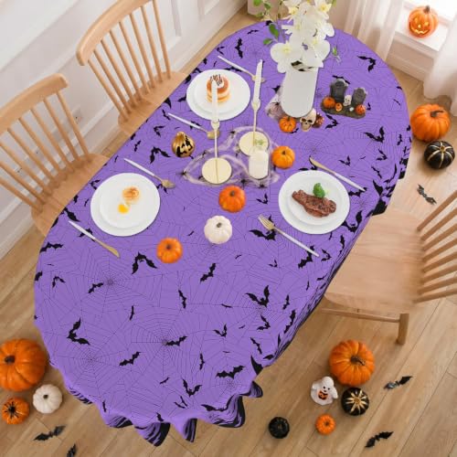HSOWKDN Purple Halloween Tablecloth Oval 54x72 Inch, Machine Washable Stain Resistant Fabric Bat Spiderweb Tablecloths Oval Spider Web Halloween Table Cloth Oval Table Cover by HSOWKDN - Used condition - Image 3