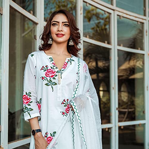 Image of KLOSIA Women Pure Cotton Printed Straight Kurta with Pant & Dupatta Set