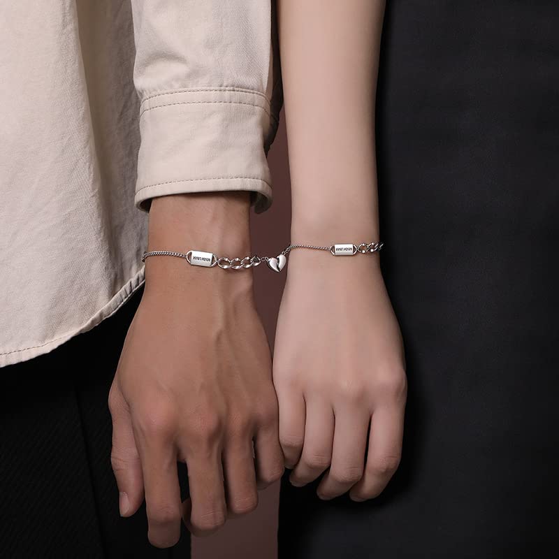 Braccialetto Da Donna In Argento Sterling 925 2 Pezzi Braccialetti Magnetici Per Coppie Con Cuore Abbinato In Argento Sterling Braccialetti Con Lettere Incise Ciondolo D'Amore Braccialett