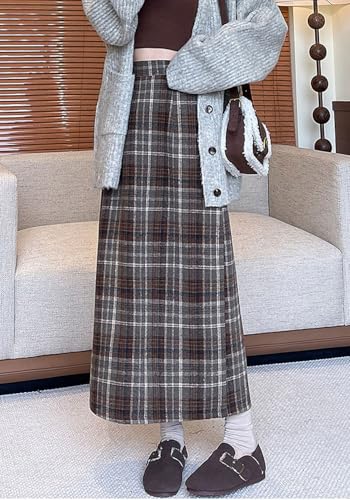 chouyatou Women Fall Winter Elastic High Waist Plaid Skirt A-Line Maxi Long Wool Pencil Skirt with Split4