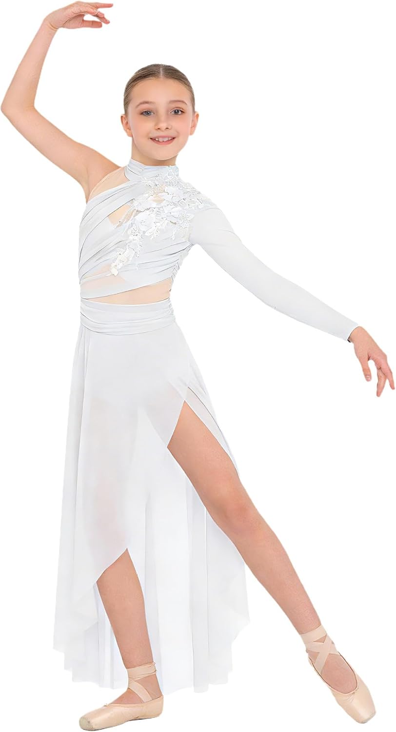 Kids Girls Lyrical Dance Dress Applique Ruched High Low Modern Ballet Dance Dress for Stage Performance