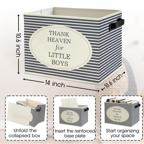 Image of Boy Nursery Storage Bins Box with Handles, Thanks Heaven for Little Boys Blue Striped Collapsible Basket Organizer for Baby Boys Toddler Kids Room Bedroom Bathroom Books Clothes
