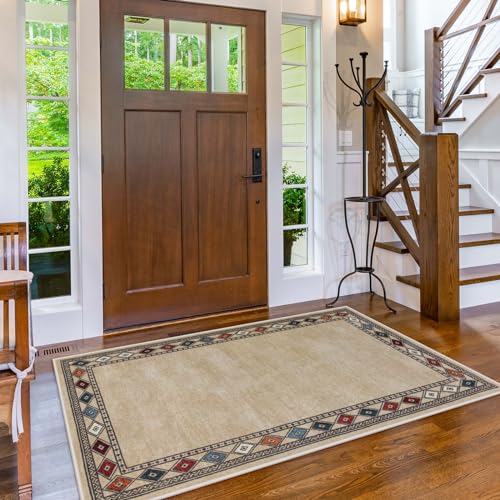 Image of Lahome Modern Bordered Machine Washable Rug, Ultra-Thin Soft 3x5 Rugs for Entryway Bedroom, Non-Slip Stain Resistant Small Carpet for Laundry Entry (3'x 5',Beige)