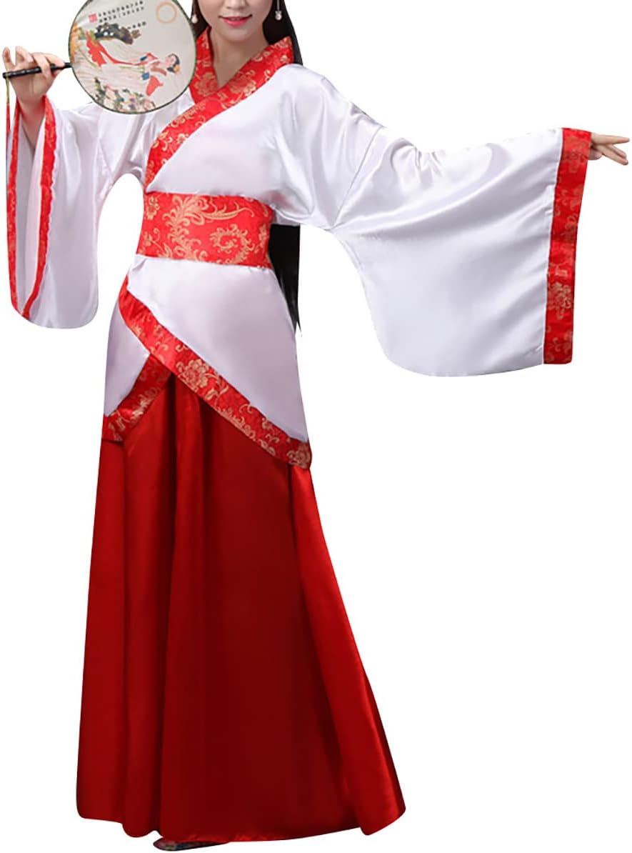 レディース 中国漢服ドレス 古代伝統衣装衣装 ステージパフォーマンスウェア (1#ホワイトトップ+レッドスカート、M)