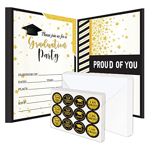 Whaline 118 Pcs 2023 Graduation Party Invitations with Envelopes Stickers Black Gold Grad Congrats Announcements Invite Cards for College High School University Grad Celebration Party Supplies