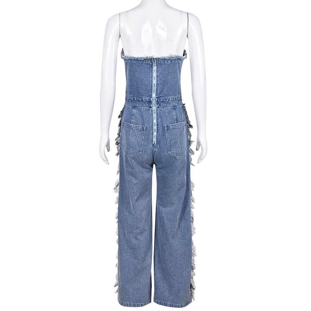 Femmes Jeans déchiré Strapless Denim Jumpsuit, 2023 Summer Ladies Off Shoulder Sexy Solid Color Classic Fit Personality Holiday Sets