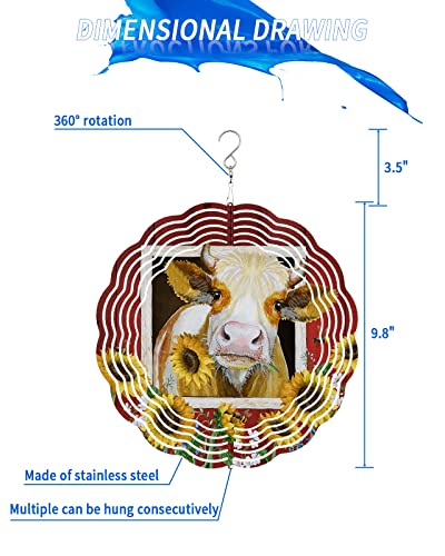 Wind Spinners For Yard And Garden- Farmhouse Sunflower Cow 3D Metal Wind Sculptures & Spinners Hanging Rustic Style Farm Barn Animal Floral Stainless Steel Kinetic Art Indoor Outdoor Decor 10 Inches, #TOP1