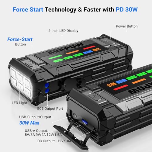 Image of AVAPOW 8000A Battery Jumper Starter Portable with 4″ HD Display PD 30W Dual-Way Fast Charging, 12V Car Starter Jump Box & Battery Booster for All Gas & Up to All Diesel Engines