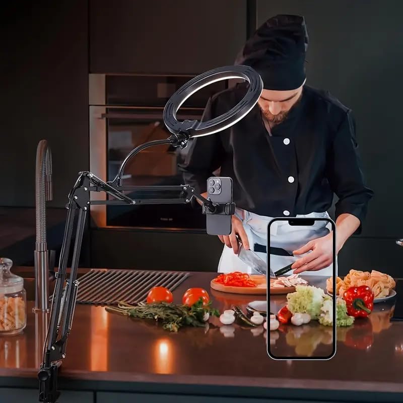 Overhead Phone Mount with Ring Light, 6.5in LED Selfie Ring Light for Desk,,Adjustable Phone Mount,for Video Recording,Live Stream,Cooking Video - Image 3