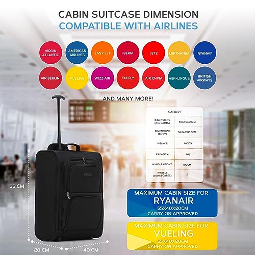 Flight Knight Carry On Cabin Suitcase easyJet (Overhead), Jet2, Ryanair (Priority) Approved 2 Wheels Lightweight Bag Ideal for Airline Travel 55x40x20cm