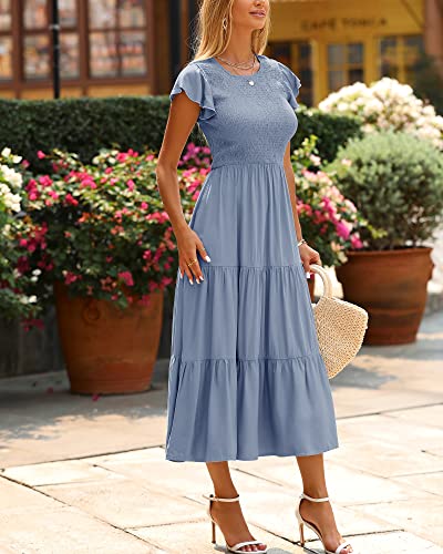 Image of BTFBM Women Casual Short Sleeve Crew Neck Summer Dress Bohemian Floral Printed Flowy Maxi Dresses Tiered Cocktail Dress