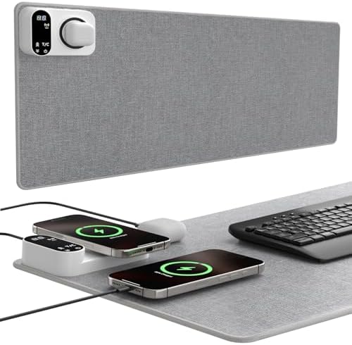YUECHCASES Heated Desk Pad, 10s Fast Heating Desk Mat with Integrated 15W Wireless Charging for Phone/Earbuds, 31.5" x 13" Waterproof Mouse Pad, 2-6H Auto-Stop, Precision 1-Degree Temp Control