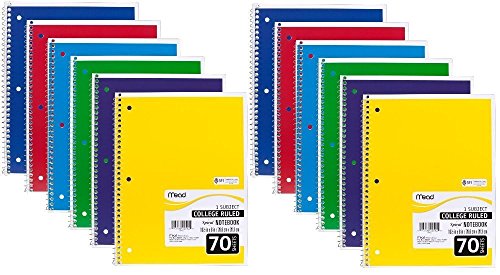 Mead Spiral Notebook, College Ruled, 1 Subject, 70 Sheets, 7.5" X 10.5", 12 Pack, Assorted Colors (05512-12) #TOP21