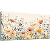 KZKU Floral Canvas Wall Art Wildflower Garden Print 20x40 inches Pink Yellow Blue Watercolor style Flower Picture for Bedroom Living Room Artwork Home Wall Decoration