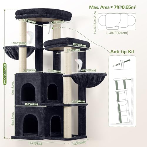 Image of Globlazer Cat Tree Tower for Indoor Cats, Sturdy Adult Cat Tree House for Large Adult Cats with 2 Platform, 6 Cat Scratching Post, 2 Cat Caves, Dangling Toys, S63, 63 inch, Dark Grey