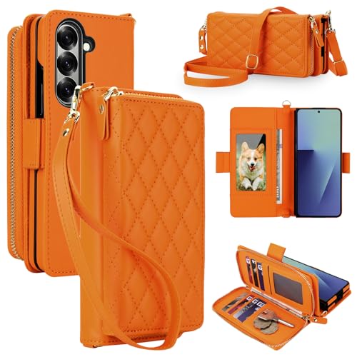 Asuwish for Samsung Galaxy Z Fold 8 Ultra Wallet Case Zipper Handbag,Orange