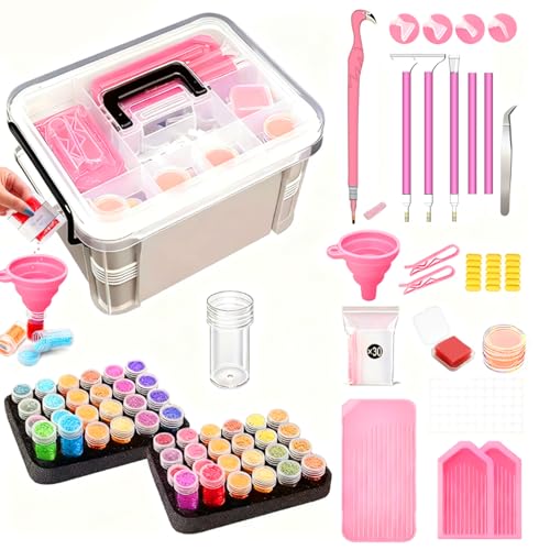 CXJINZE Diamond Painting Tools Accessories Storage-Kit - 111Pcs 5D Set Portable Tool Box with Handle Craft Jewelry Bead Storage Pink Box Art Trays for Diamond Painting Accessories and Tools