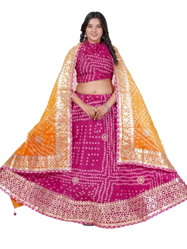 Image of Traditional Ethnic Kota Doria Bandhani Lehenga Choli Set for Wedding and Ethnic FestivalEmbroidered Gota Patti Border Readymade Lehenga Chunni Set with Running Blouse