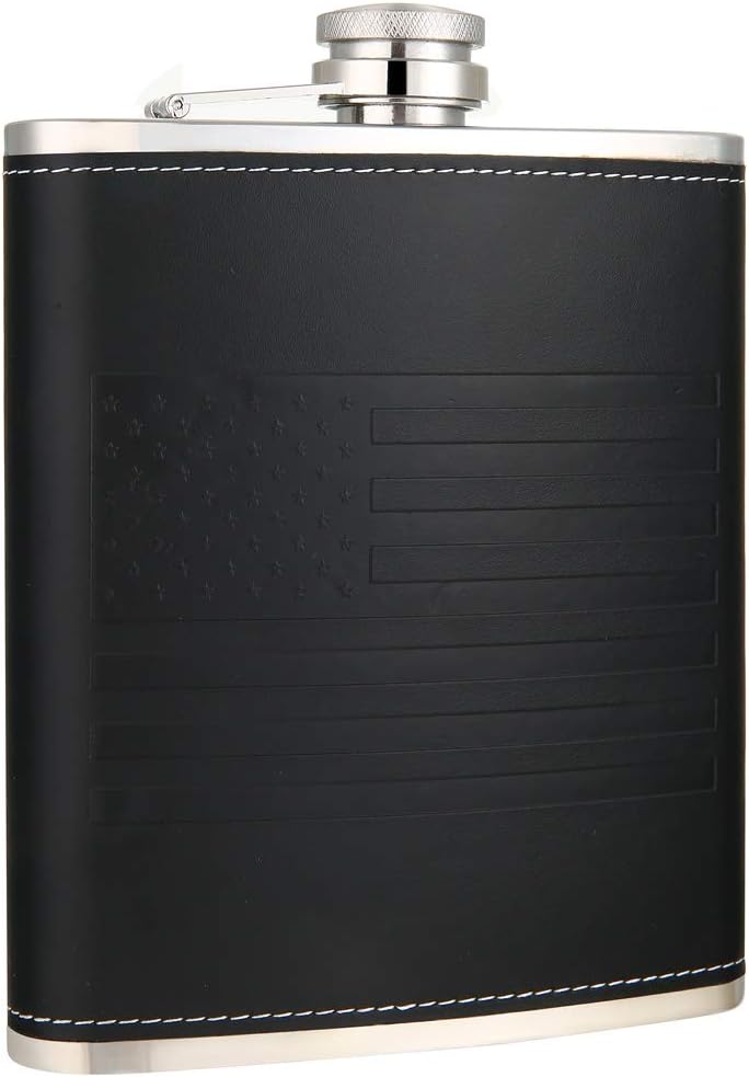 American Flag 18 oz Black Stainless Steel Whiskey Hip Flasks for Liquor with Leather Wrapped