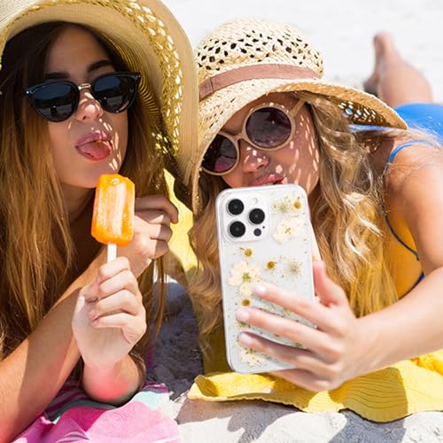 Coque iPhone 13 Pro paillettes avec véritables fleurs séchées blanches - 4