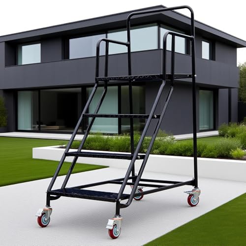 Image of 4 Step Rolling Ladder - Mobile Rolling Stairs with Wheels, Heavy Duty Industrial Safety Non-Slip Metal Rolling Ladders, 880lbs Capacity, for Warehouse, Garage, Supermarket