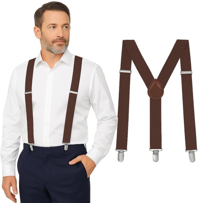 Brown Suspenders for Men Heavy Duty Adjustable 1 Y-Back Mens Suspenders for Dress Pants | Strong Metal Clips Durable Elastic Straps Leather Reinforcement Comfortable Formal Everyday Wear