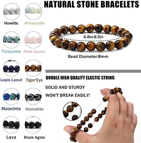 JeweBella Natural Gemstone Bracelets Set of 10 Stretch Beads