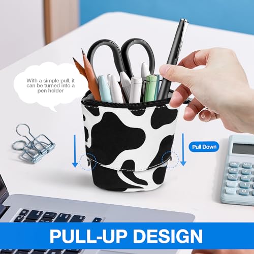 Image of Cute Standing Pencil Case for Kids, Pop Up Pencil Box Makeup Pouch, Christmas Gift Kids Canvas Pen Holder Organizer Cosmetics Bag, Kawaii Stationary (Cow Print)