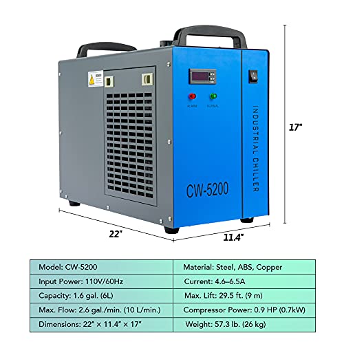 Omtech 6L Industrial Water Chiller 0.9Hp 2.6Gpm Water Cooling System Cw-5200 Water Cooler For 60W 70W 80W 90W 100W 120W 130W 150W Co2 Laser Engraving & Cutting Machines, Cools 5200 Btu/Hour #TOP6