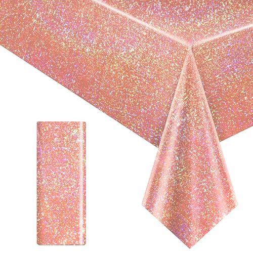 Image of 1 Pack Rose Gold Holographic Tablecloth 40 x 108 inch, Iridescent Shiny Plastic Rectangle Table Cover for Bachelorette Party, Bridal Shower, Wedding, Birthday, Anniversary and Baby Shower Decorations