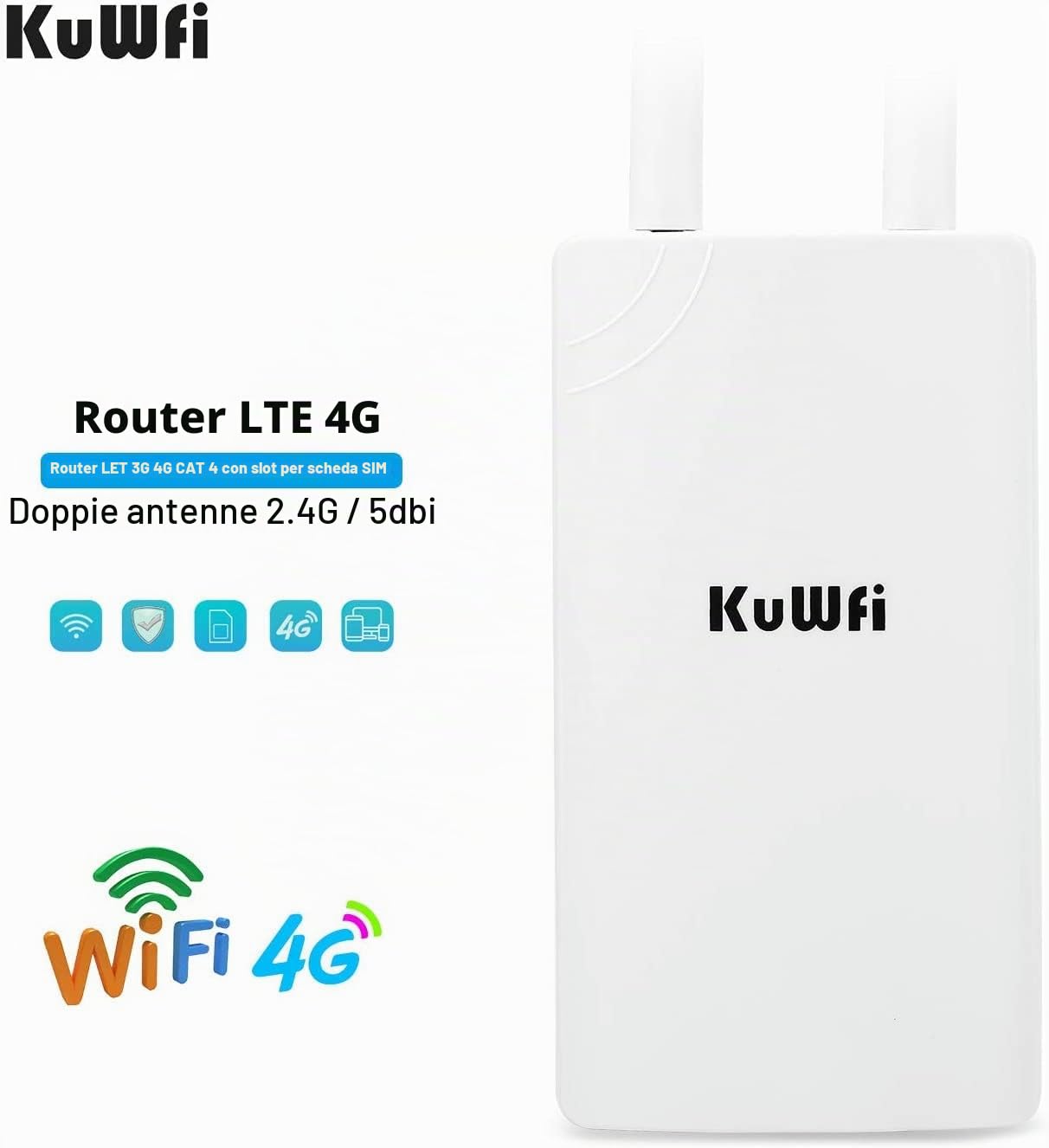 Router 4G LTE, KuWFi 150Mbps 3G 4G LTE Router CAT4 con Slot per schede SIM Funziona con Telecamera IP o Copertura WiFi Esterna con Antenna 2pcs Funziona con 3 (Tre) / Tim/Wind/Vodafone SIM Card
