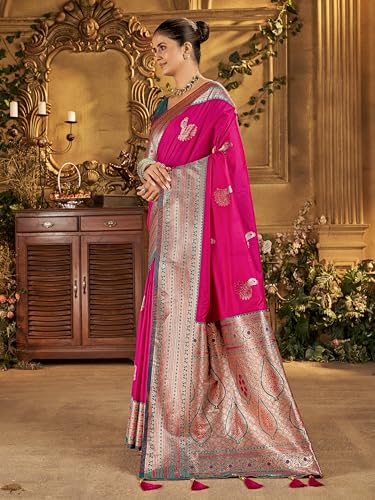Image of Mehrang Women's Banarasi Silk Kanjivaram Saree For Wedding With Pure Zari Work, Woven Design, With Unstitched Blouse Piece