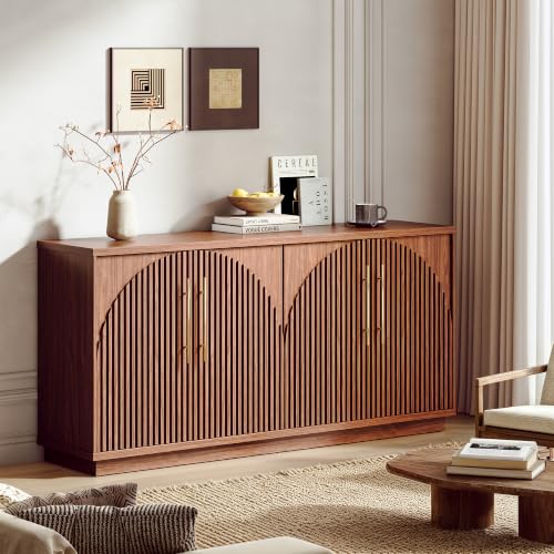 Image of 65 inch Buffet Cabinet with Storage, Fluted Sideboard Cabinet with 4 Arched Doors & Adjustable Shelves, Credenza Accent Cabinet Console for Dining Room, Living Room, Entryway, Set of 2