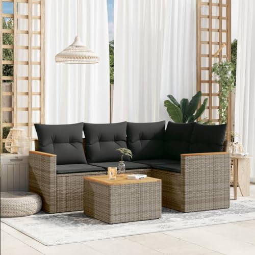 QUAHEAS Salon de Jardin 5 pièces en résine tressée Gris avec Coussins, Ensemble modulable encastrable pour terrasse Balcon extérieur, Table Bois Acacia, fauteuils avec Rangement et Housse Lavable