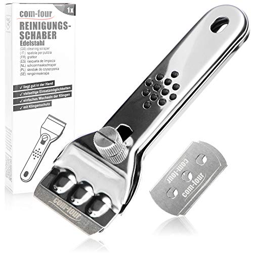 COM-FOUR® Skrobak polowy Ceran z wymiennymi ostrzami - Skrobak wykonany z nierdzewnej stali nierdzewnej do kuchni - Skrobak polowy Ceran z antyposlizgowym uchwytem i oslona ostrza - Skrobak do plyty (01 sztuk + 02 ostrzy)