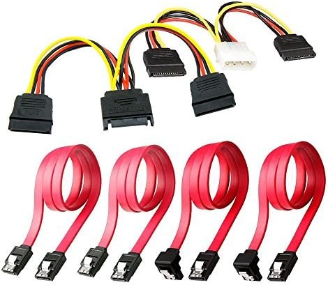 Qook SSD / SATA III Hard Drive Connection Cables (1x 4 Pin to Dual 15 Pin SATA Power Splitter Cable, 1x 15 Pin to Dual 15 Pin SATA Power Splitter Cable, 4x SATA Data Cables), 6 Pack